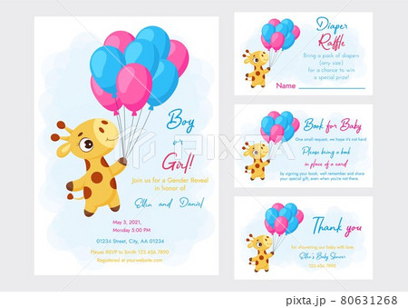 Baby Shower printable party invitation card template Baby boy or girl with Diaper Raffle, Book for baby and Thank you card. Invitation set with cute little giraffe flying on balloons. 80631268
