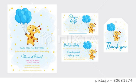 Baby Shower printable party invitation card template Baby boy on the way with Diaper Raffle, Book for baby and Thank you tag. Invitation set with cute little giraffe flying on balloons. Baby Shower printable party invitation card template Baby boy on the way with Diaper Raffle, Book for baby and Thank you tag. Invitation set with cute little giraffe flying on balloons. 80631274
