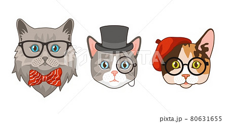 Cat heads with accessories. Cute funny cats different breeds avatar muzzles, glasses and hats, bow tie. Hipster animals portrait, smart characters, fashion print vector isolated cartoon set 80631655