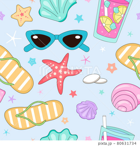 Vector seamless seashells pattern. Vacation theme tropical beach pattern background. Sunglasses, flip flops, cocktail, starfish and blue sand pattern for fabric, paper. Seamless hand draw doodle art. Vector seamless seashells pattern. Vacation theme tropical beach pattern background. Sunglasses, flip flops, cocktail, starfish and blue sand pattern for fabric, paper. Seamless hand draw doodle art. 80631734