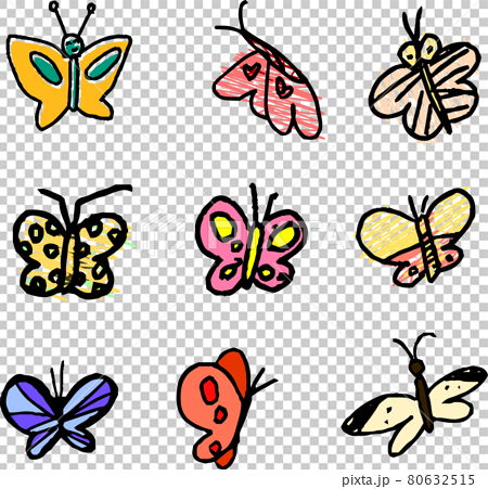子供が描いたかわいい蝶の落書き セットのイラスト素材