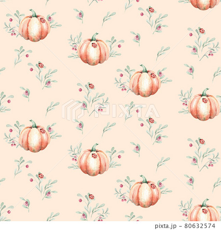 Watercolor autumn seamless pattern with mashrooms, branches, leaves and berries. Set of autumn forest plants. Collection of herbarium garden. Watercolor autumn seamless pattern with mashrooms, branches, leaves and berries. Set of autumn forest plants. Collection of herbarium garden. 80632574