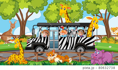 Safari Scene At Daytime With Kids And Animals のイラスト素材