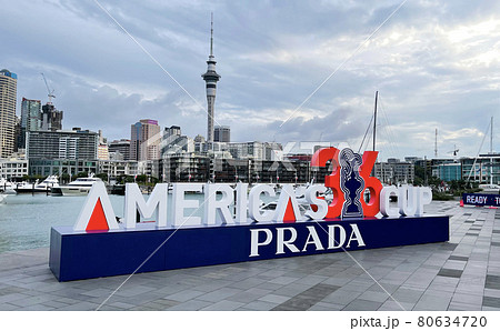 AUCKLAND, NEW ZEALAND - December 21, 2020: A sign of 36th America's Cup at the Viaduct. 80634720