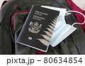 Travel concept during pandemic, New Zealand passport and face mask on a backpack.. 80634854