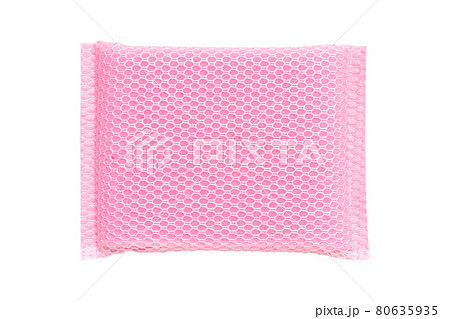 Pink Dish Sponge Net Isolated On White Background Stock Photo