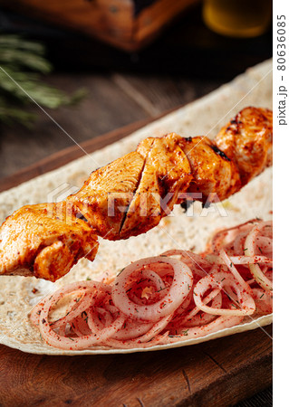 Grilled georgian chicken breast shashlik skewers 80636085
