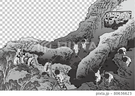 Katsushika Hokusai 圖像人攀登黑色和白色白色背景 80636623