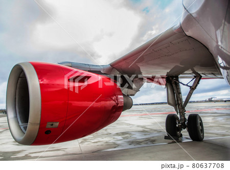 Close up of airplane engine in airport 80637708