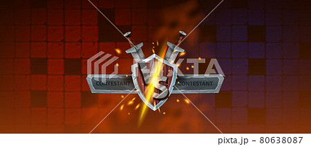 VS game background, vector eSport versus battle banner, medieval wooden shield, stone frame, sword 80638087