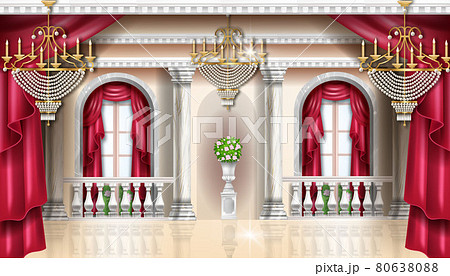 Classic palace interior vector background, royal castle room, curtain, golden chandelier, balustrade 80638088