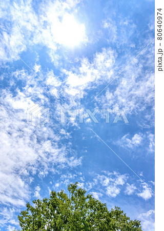 夏の空 太陽と白い雲と緑の写真素材