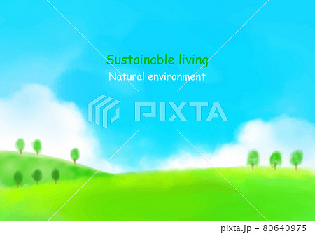 エコイメージの野原と空の水彩画のイラスト素材