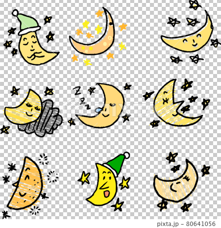 子供が描いたかわいい月と星の落書き セットのイラスト素材 子供が描いたかわいい月と星の落書き セットのイラスト素材
