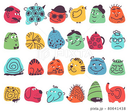 Comic abstract faces. Funny icons, avatars character collage. Bright cute creative logo, cartoon different dynamic shapes decent vector set 80641438