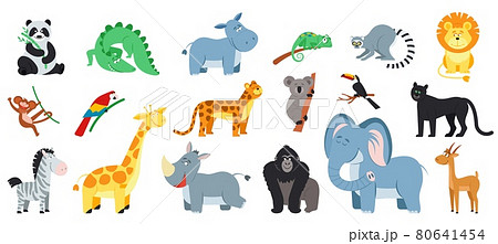 Cartoon exotic animal. Isolated zoo animals bundle, wild jungle zebra tiger monkey panda. Cute safari childish decent vector characters clipart 80641454