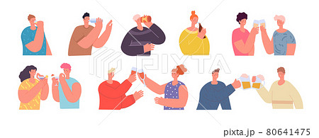 Friends clinking glasses. People holding drink, cheers beer or wine glass. Drinking party, flat teens celebrate birthday utter vector characters Friends clinking glasses. People holding drink, cheers beer or wine glass. Drinking party, flat teens celebrate birthday utter vector characters 80641475
