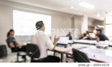 Office blur meeting room blurred background of blurry boardroom interior with work desk table for business discussion, corporate conference, enterprise seminar 80641629