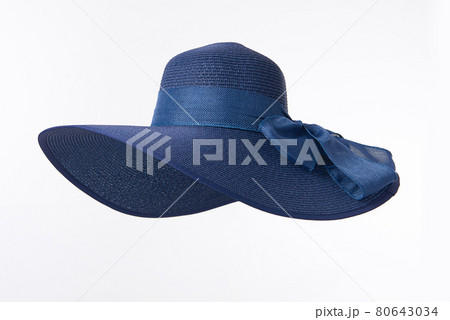 Vintage Panama hat, Woman hat isolated on white background, Women's beach hat, Blue hat. 80643034