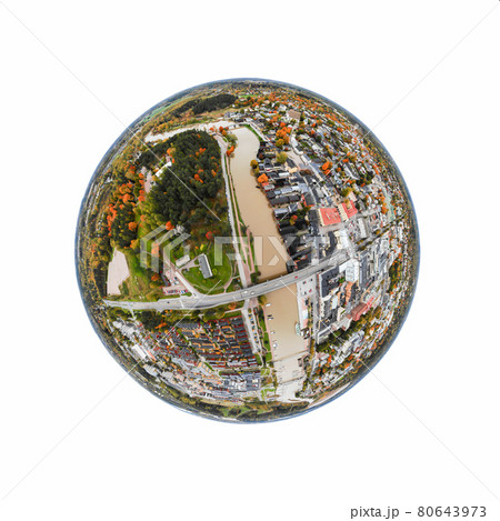 A three dimensional panoramic aerial view of the Old town of Porvoo, Finland in a mini planet panorama style. A three dimensional panoramic aerial view of the Old town of Porvoo, Finland in a mini planet panorama style. 80643973