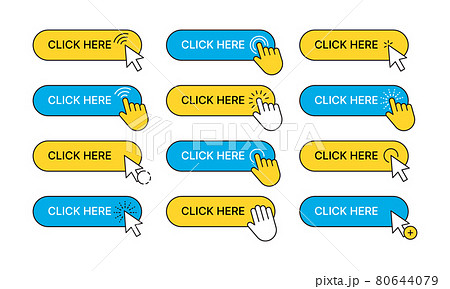 Click here buttons. Web ui navigation elements arrows hand click pointers garish vector collection set isolated 80644079