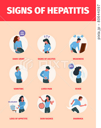 Hepatitis symptoms. Medical infographic illustrations healthcare problems head pain illness cold garish vector infection visualization picture 80644097