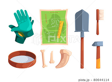 Archeology tools. Digging items archiological equipment for ancient knowledge antique artifacts skull and bones adventure map garish vector collection 80644114