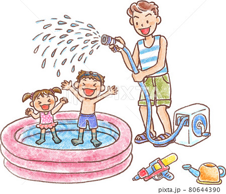 庭でプール遊びをするパパと子供達のイラスト素材