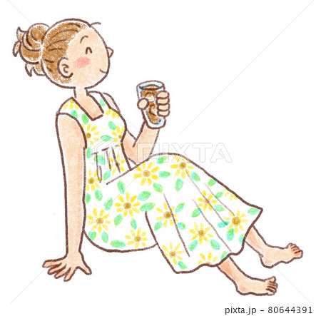 麦茶を飲みながらリラックスする女性のイラスト素材 麦茶を飲みながらリラックスする女性のイラスト素材