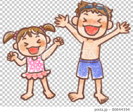 水着姿で喜ぶ子供二人 水着姿で喜ぶ子供二人 80644394