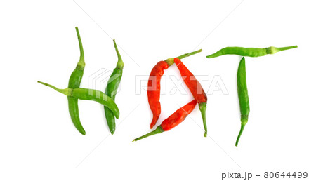 The word HOT made from green and red chili pepper on white background The word HOT made from green and red chili pepper on white background 80644499