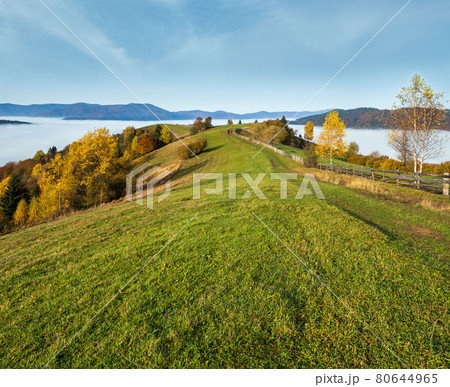 Morning foggy clouds in autumn mountain countryside.  Ukraine, Carpathian Mountains, Transcarpathia. Peaceful picturesque traveling, seasonal, nature and countryside beauty concept scene. 80644965
