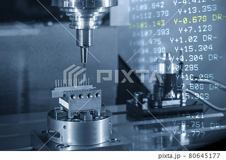The abstract scene CNC milling machine cutting the  EDM parts with G-code data background. 80645177