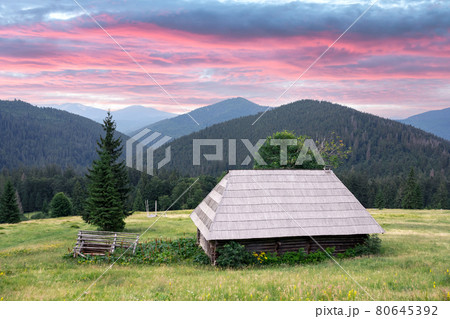Picturesque summer meadow with wooden house Picturesque summer meadow with wooden house 80645392