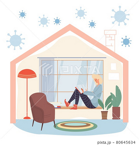 Flat cartoon character at home in self quarantine during coronavirus pandemic,vector illustration concept Flat cartoon character at home in self quarantine during coronavirus pandemic,vector illustration concept 80645634