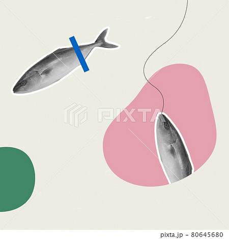 Contemporary art collage. Two bw fish, one on a hook and other swims freely over light background. Concept of saving nature 80645680