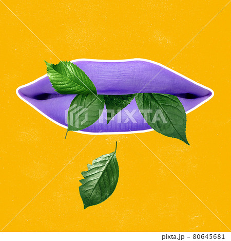 Contemporary art collage. Female mouth, purple lips eating green leaves over yellow background. Contemporary art collage. Female mouth, purple lips eating green leaves over yellow background. 80645681