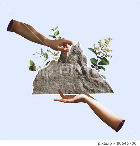Contemporary artwork. Human hands touching mountains and plants over light background. Concept of saving nature. Contemporary artwork. Human hands touching mountains and plants over light background. Concept of saving nature. 80645700