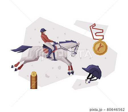 Jockey Jumping on Racing Horse, Equestrian Sport Equipment Vector Illustration 80646562