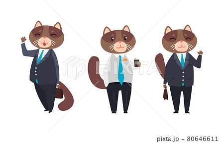 Cat Businessman Character in Formal Suit and Tie Drinking Coffee and Waving Paw Vector Set 80646611