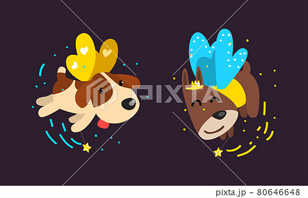 Winged Dog Flying with Magic Wand as Fairy or Pixie Vector Set 80646648