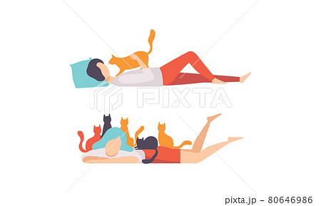 Cat Pet Owners Set, Man and Woman Lying and Hugging and Petting Cats Flat Vector Illustration 80646986
