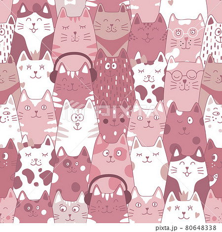 Seamless pattern with funny cats, cat food and fish on a white background. 80648338