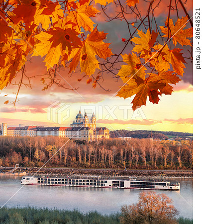 Panorama of Melk abbey with Danube river and autumn forest in Austria 80648521