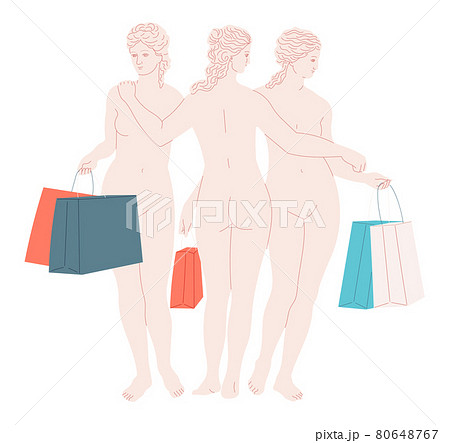Women with shopping bags.. Sculpture The three Graces. 80648767