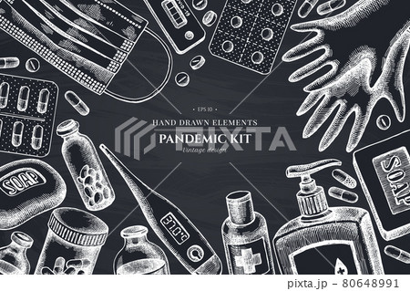 Monochrome design with chalk pills and medicines, medical face mask, sanitizer bottles, medical Monochrome design with chalk pills and medicines, medical face mask, sanitizer bottles, medical 80648991