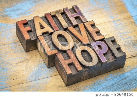 faith, love and hope in wood type 80649150