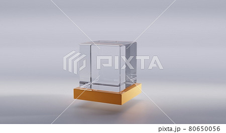 Glass or plastic cube on geometric gold stand in perspective angle view. Clear square box of acrylic or plexiglass, crystal block or aquarium on podium isolated on grey background, 3d illustration 80650056