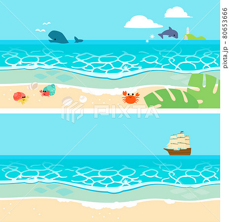 生き物がいる砂浜と海のバナー背景イラストのイラスト素材