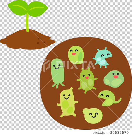 土にいる微生物のキャラクターと植物の芽のイラスト素材